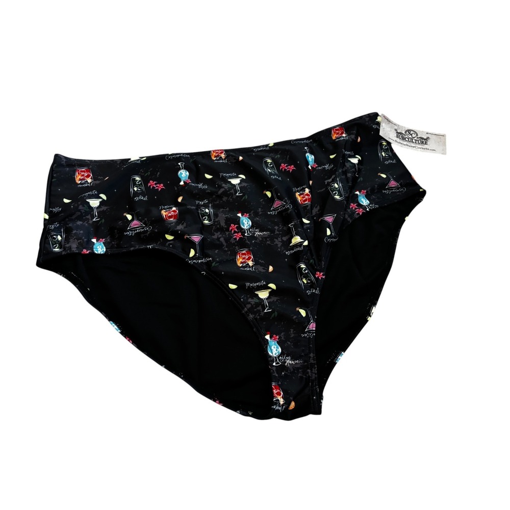 Subculture Bikini Bottoms‎ 18 Black Cocktail Menu High-Waist Retro Pinup Swim